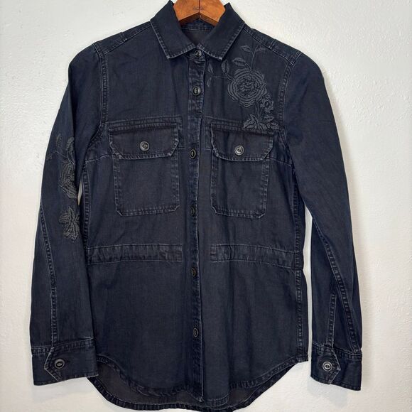 Gap‎ Women's XS Black Denim Coat Embroidered Button Up Long Grunge Jacket Whimsy - Picture 1 of 7